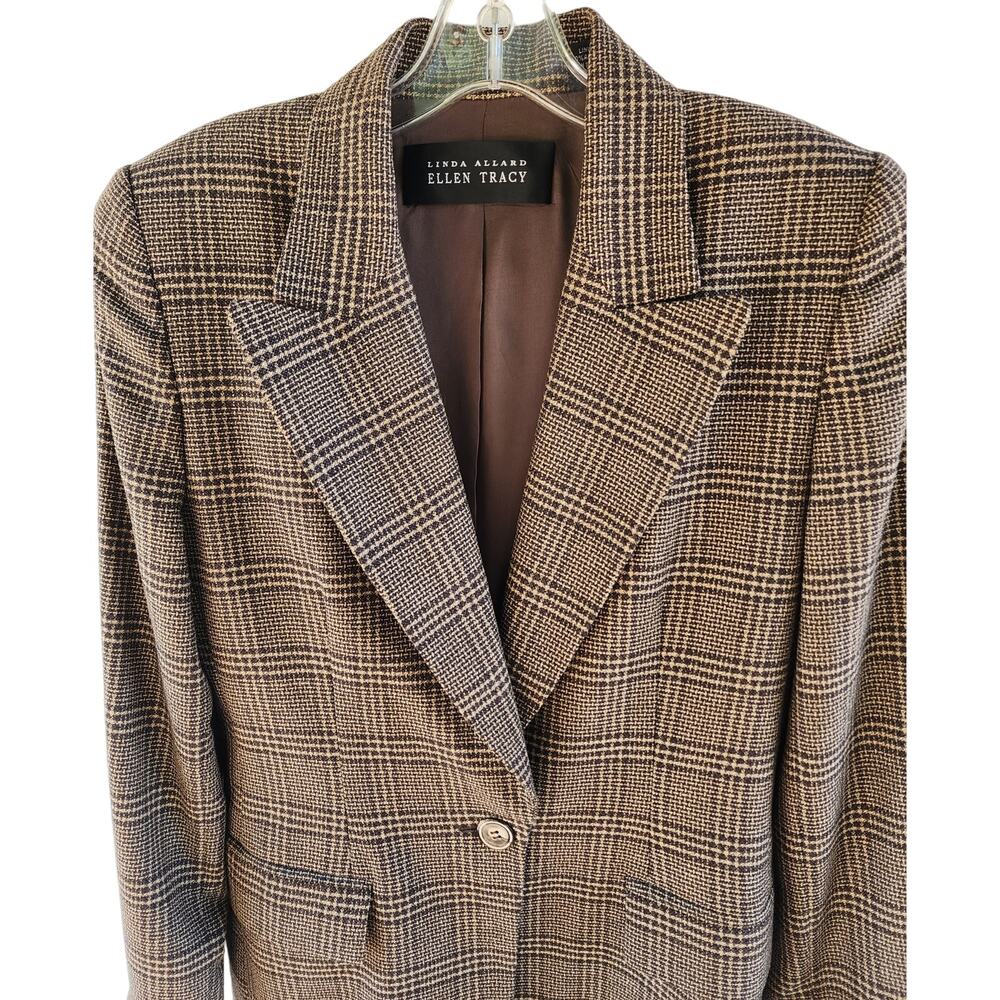 Linda Allard Ellen Tracy VTG 80s Blazer 4 Brown Glen Plaid Silk Wool Oversized - Picture 7 of 11